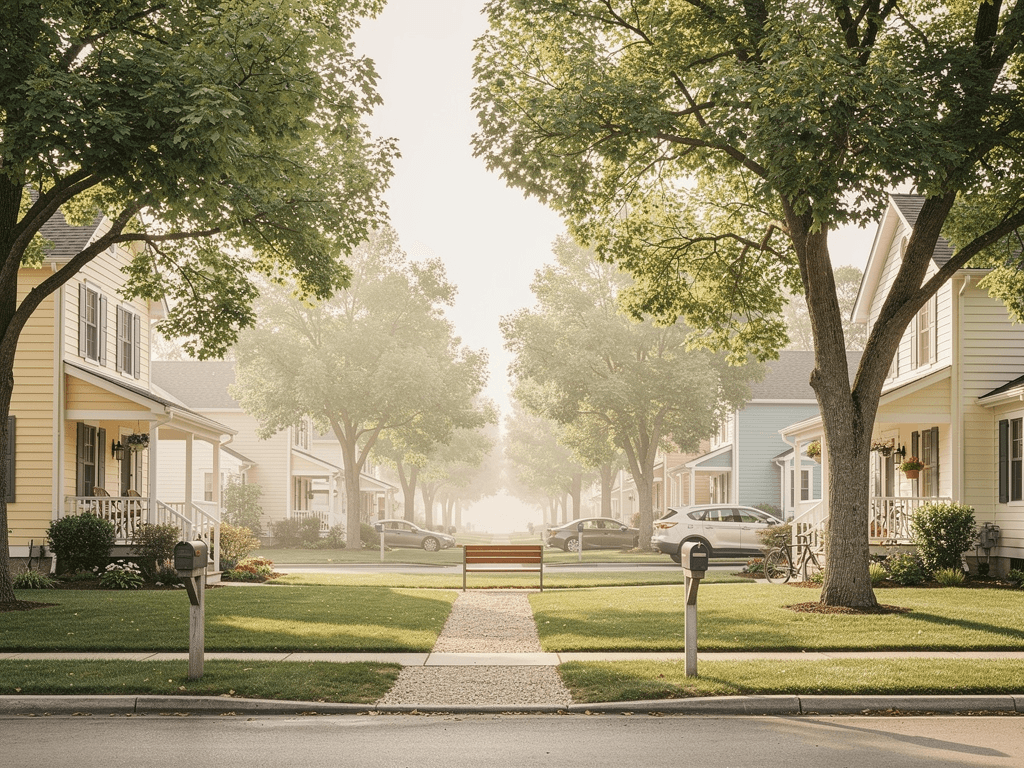 A quiet tree-lined neighbourhood street of single-family homes on an overcast morning.