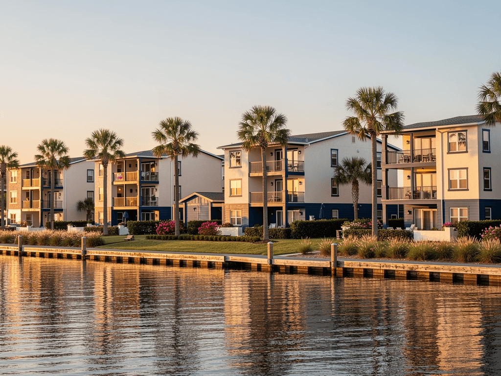 A low-rise waterfront condominium community at golden hour, seen across calm bay water.