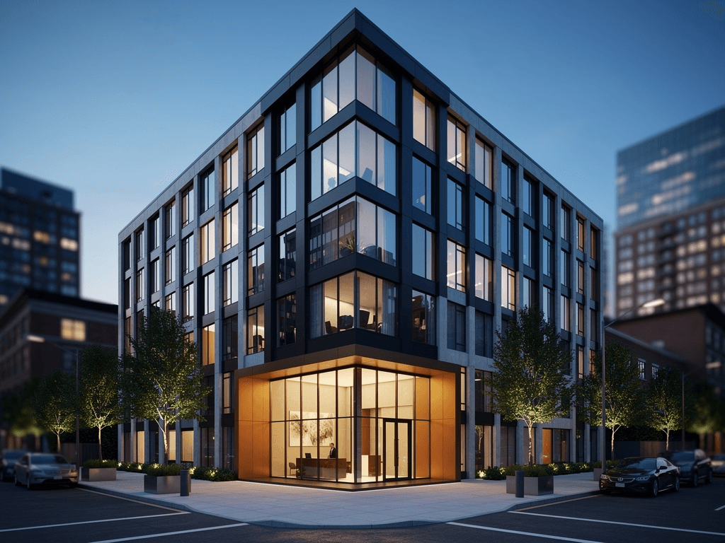 A contemporary mid-rise condominium building on a city corner at blue hour, lobby lit at street level.