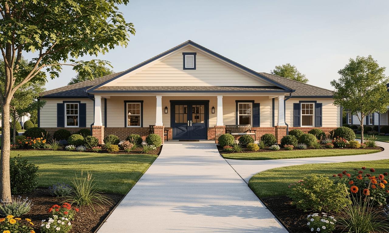 A single-storey community clubhouse with a covered porch, accessible walkway, and flowering beds.