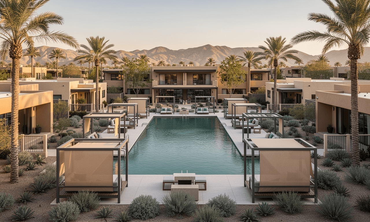 A resort-style residential community with a wide pool courtyard, palms, and desert mountains beyond.